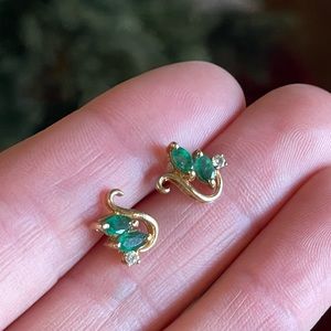"Vintage Elegance: Marquise Emerald and Diamond Earrings in 14K Yellow Gold"